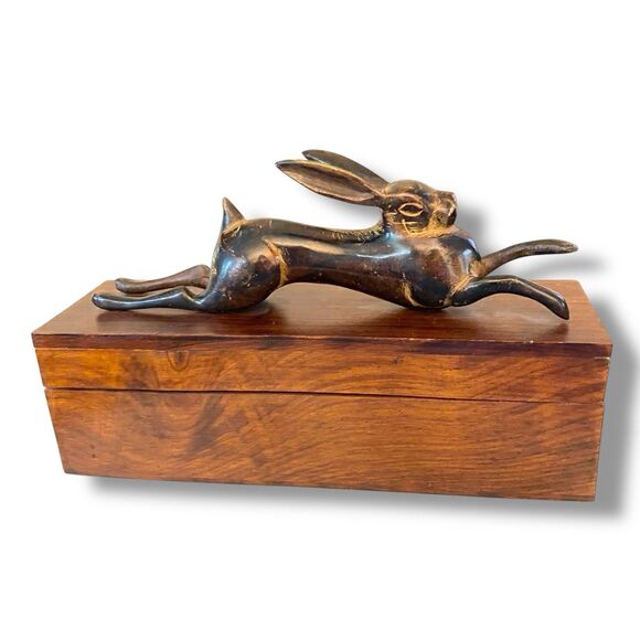 Global Views Patinated Bronze Rabbit Statue Rosewood decorative Box Bunny 10” - Picture 1 of 8